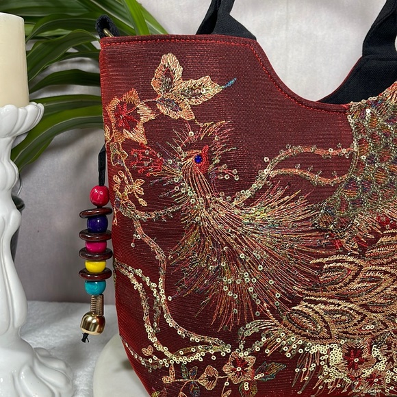 Hand Designed Red & Black Bag w/Peacock Embellishment - Picture 5 of 13